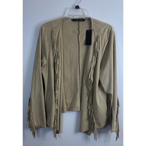 COLLEEN LOPEZ Faux Suede Fringe Open Jacket 1X Drape 3/4 Sleeve Tan Western - Picture 2 of 10